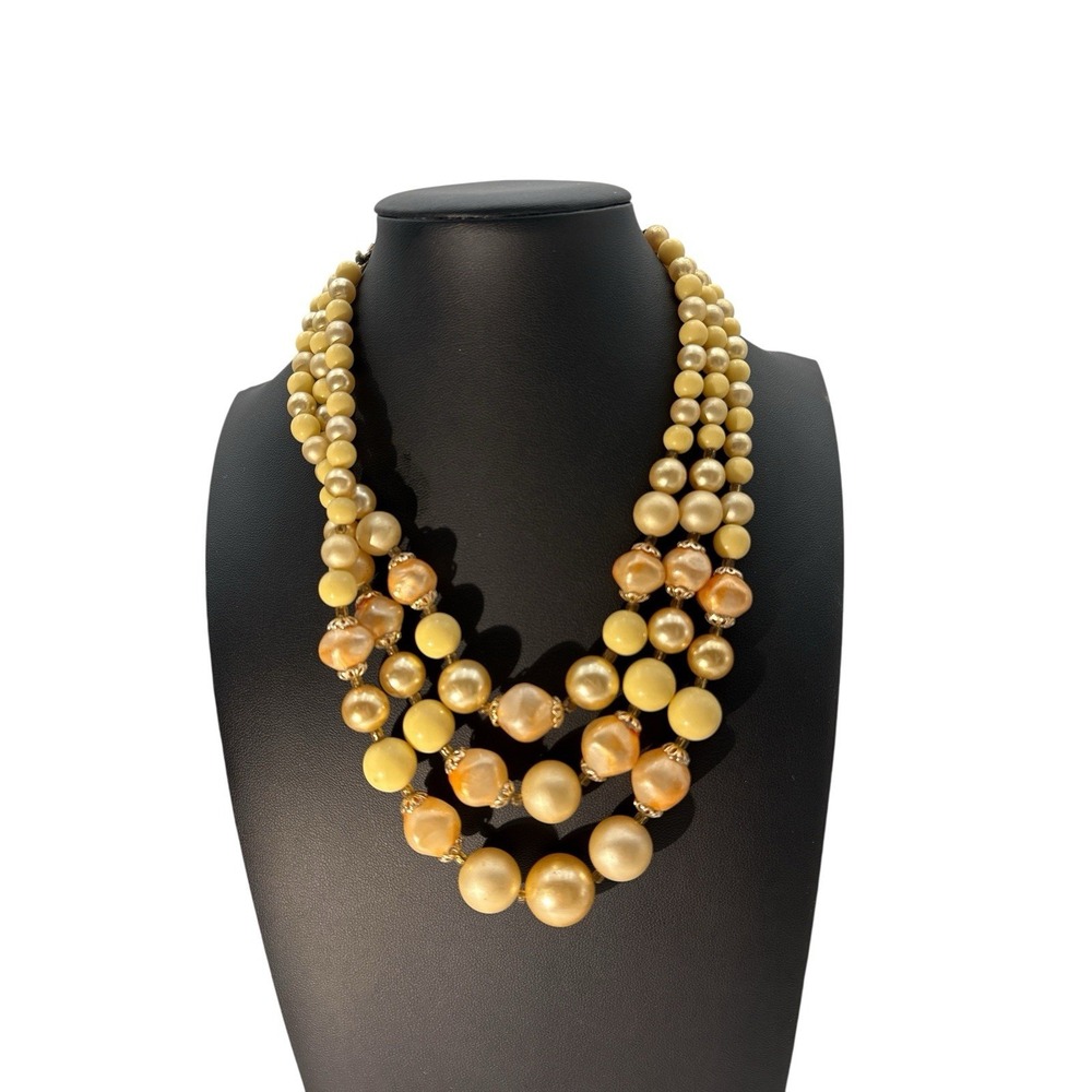 Vintage Signed Japan Silver Tone Layered Three Strand Faux Pearl Beaded Necklace - Picture 1 of 5